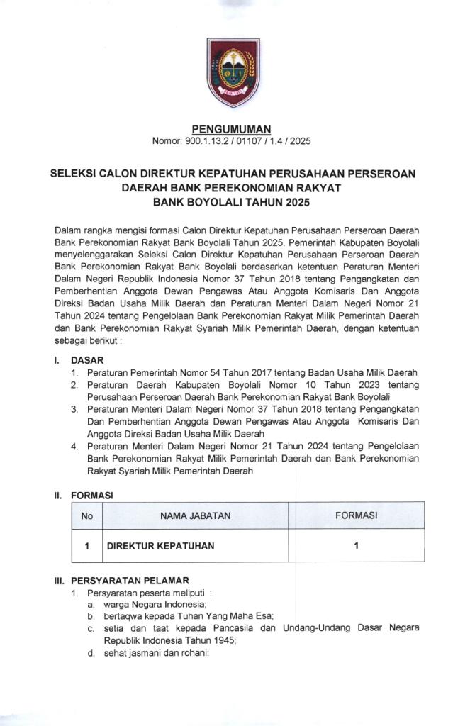 Pengumuman Calon Direktur Kepatuhan Bank Boyolali Page 01