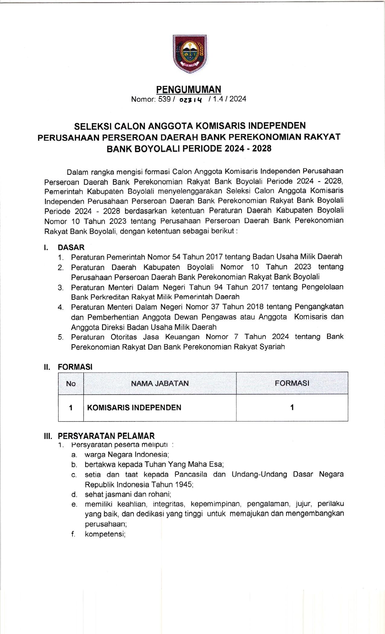 Pengumuman Seleksi Calon Komisaris Independen PT BPR Bank Boyolali Page 01