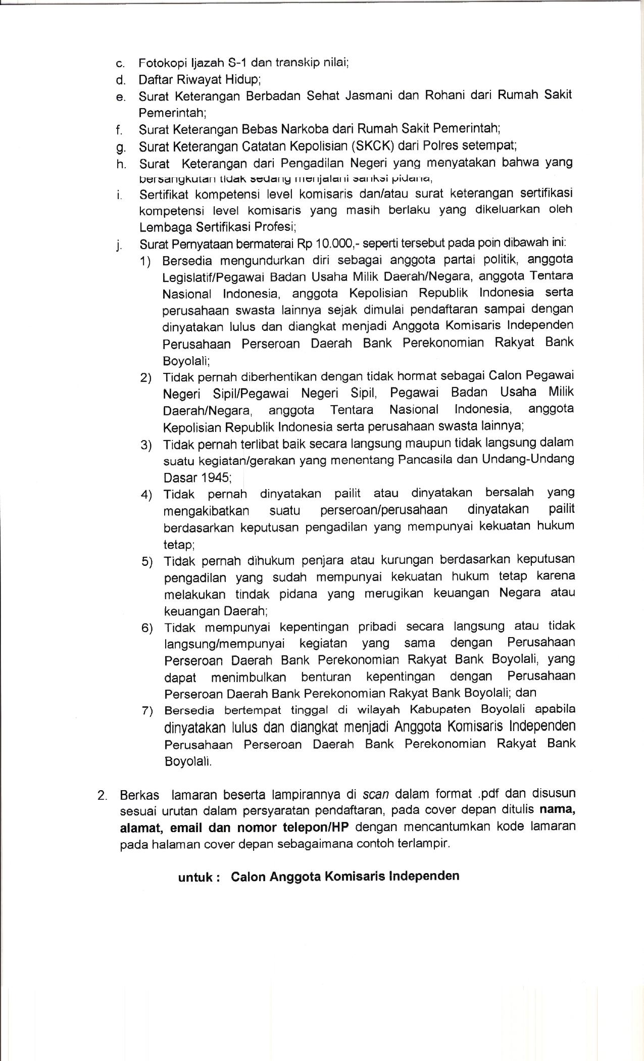 Pengumuman Seleksi Calon Komisaris Independen PT BPR Bank Boyolali Page 03